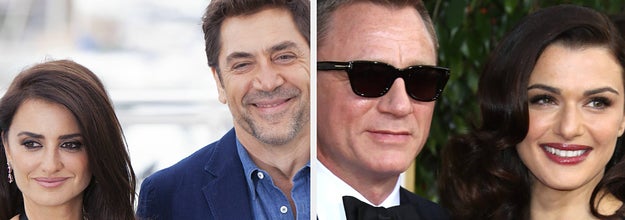 A photo of Penelope Cruz and Javier Bardem next to a photo of Daniel Craig and Rachel Weisz