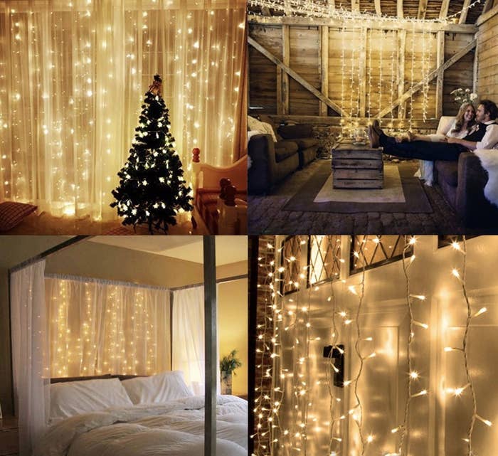 string lights displayed hanging in bedroom, outside, and on curtains