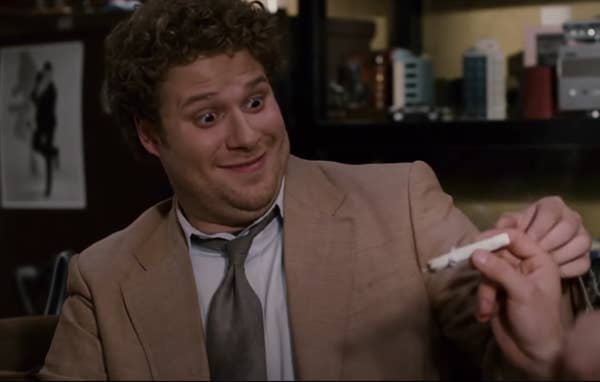 Rogen, in The Pineapple Express, looks at a joint like its the love of his life