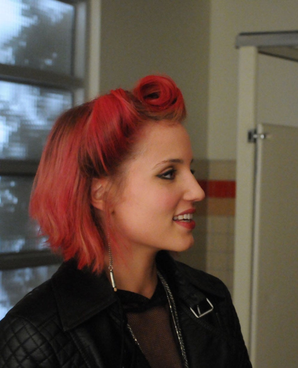 reddish pink choppy haircut on Quinn