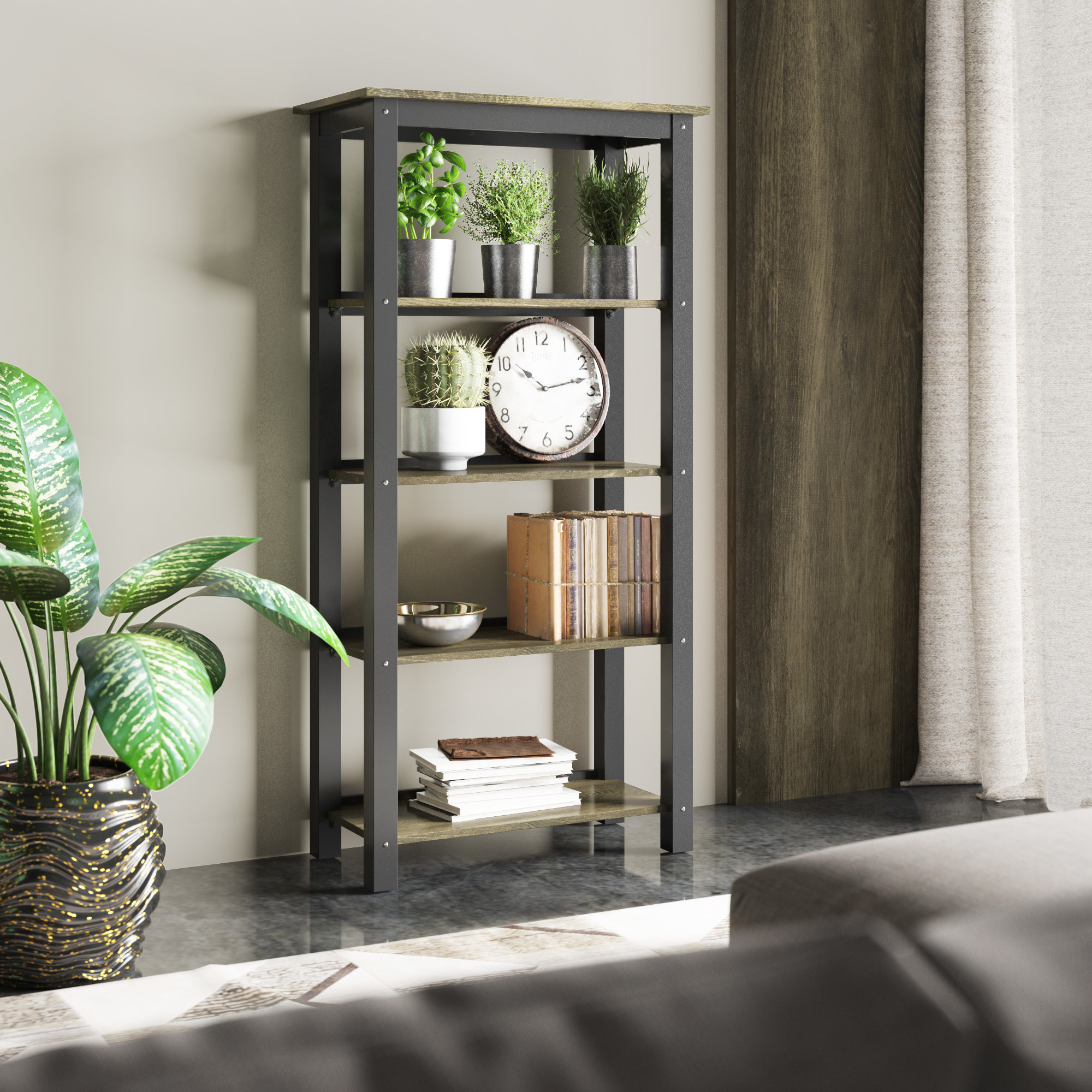 The black and tan bookshelf with decorations on it