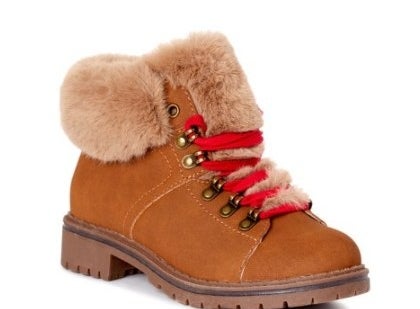 Faux fur, brown hiking boots with red laces