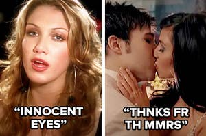 Side by side of Delta Goodrem in the "Innocent Eyes" music video and Pete Wentz kissing Kim Kardashian in the "Thnks Fr Th Mmrs" music video