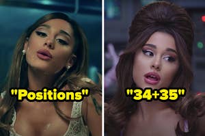 "Positions" and "34+35" written over Ariana Grande in the "Positions" and "34+35" music videos