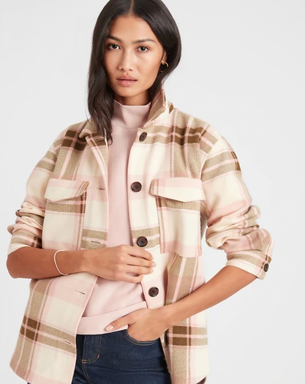 The shirt jacket in neutral plaid