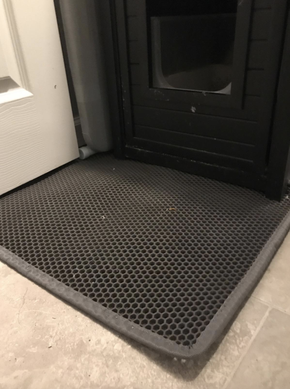 A black litter mat with a honeycomb weave in front of a litter box