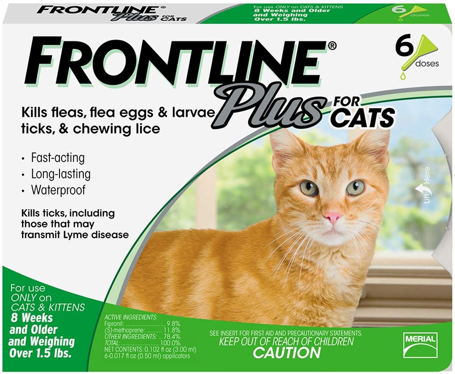 A green and white box of flea and tick treatment with an orange cat on it