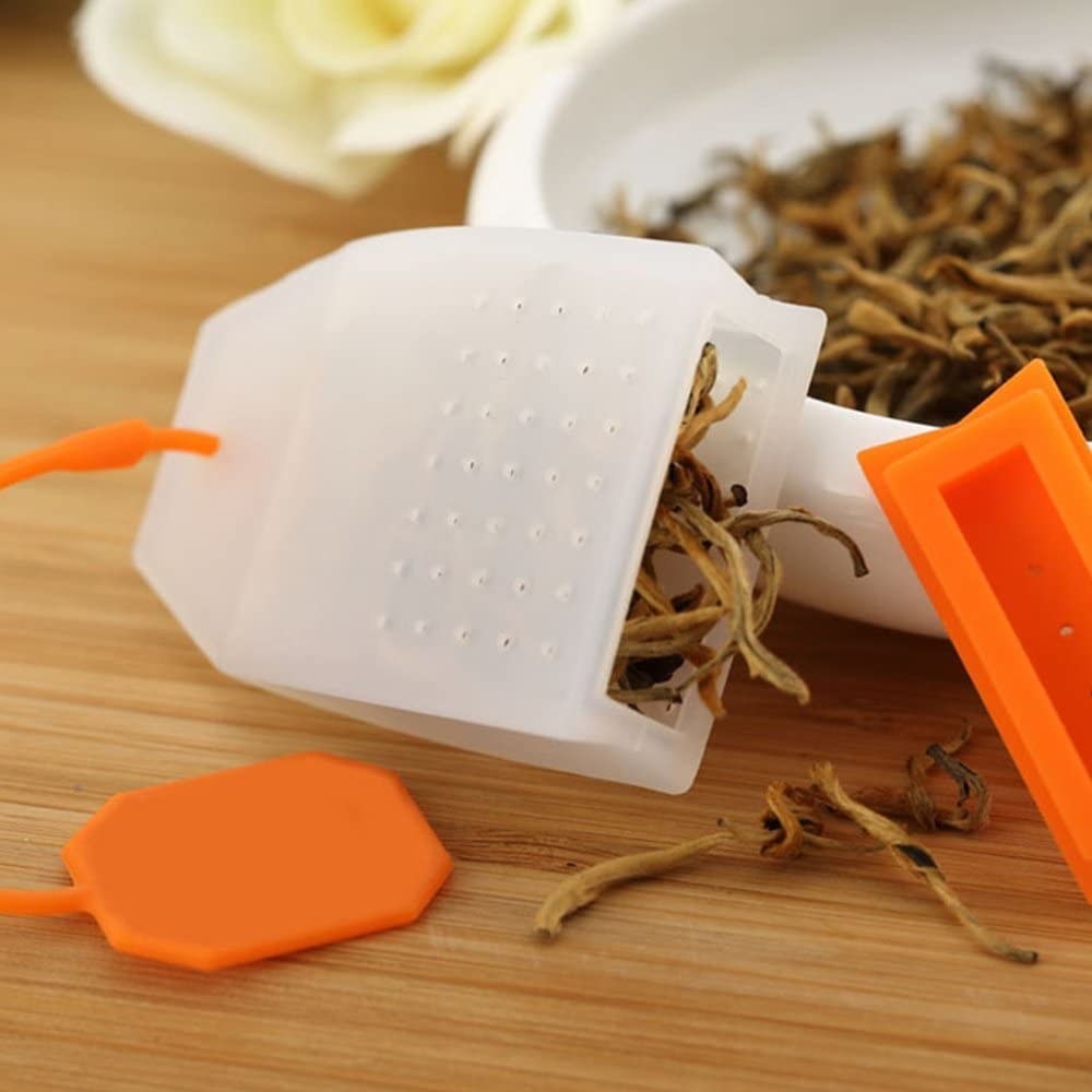 A silicone tea bag with loose leaf tea inside