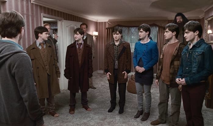 The order of the phoenix members all transformed to look like harry using polyjuice potion