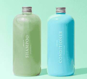 A gif of different colors of shampoo and conditioner