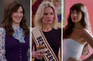 On the left, Janet from "The Good Place" smiling wide, in the middle, Eleanor from "The Good Place" furrowing her brows in confusion, and on the right, Tahani from "The Good Place" posing like a model