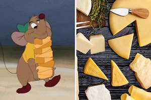 On the left, Gus from "Cinderella" carrying a stack of cheese, and on the right, various cheeses on a table