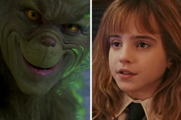 The Grinch is smiling on the left with Hermione Granger on the right