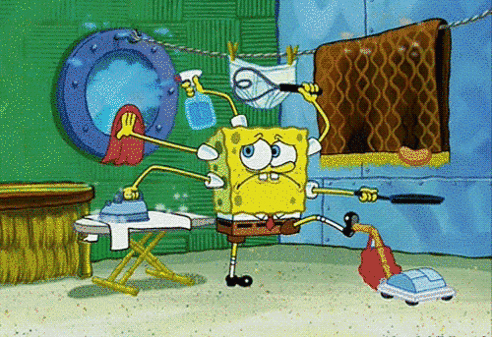 Spongebob spraying a window, vacuuming, ironing, and dusting a rug