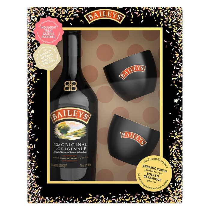 A gift box of Baileys with two ceramic branded bowls