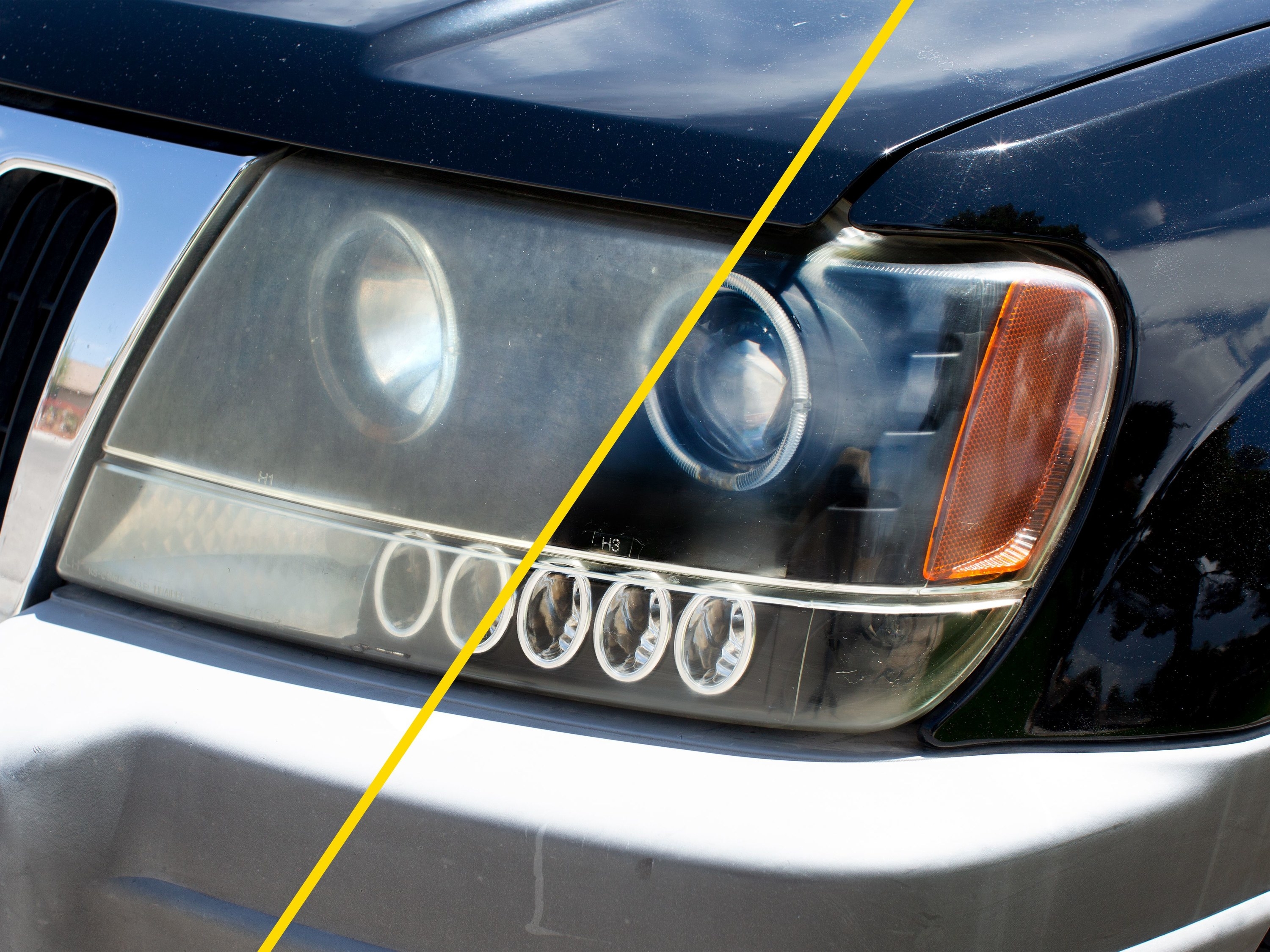 before and after image showing a foggy headlight and a clear headlight after cleaning