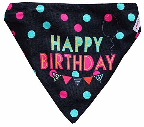 Black bandana with a polka dot design and happy birthday printed on it,