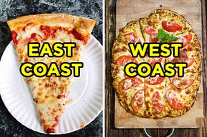 On the left, a slice of New York-style cheese pizza on a paper plate labeled "east coast," and on the right, a pizza with a cauliflower crust topped with cheese and tomatoes labeled "west coast"