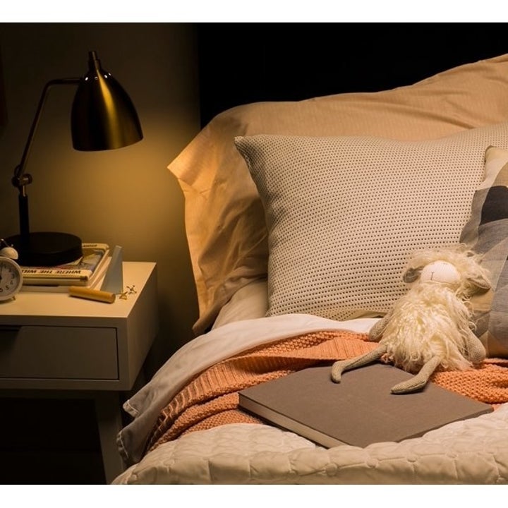 the light bulb in a lamp on a bedside table 