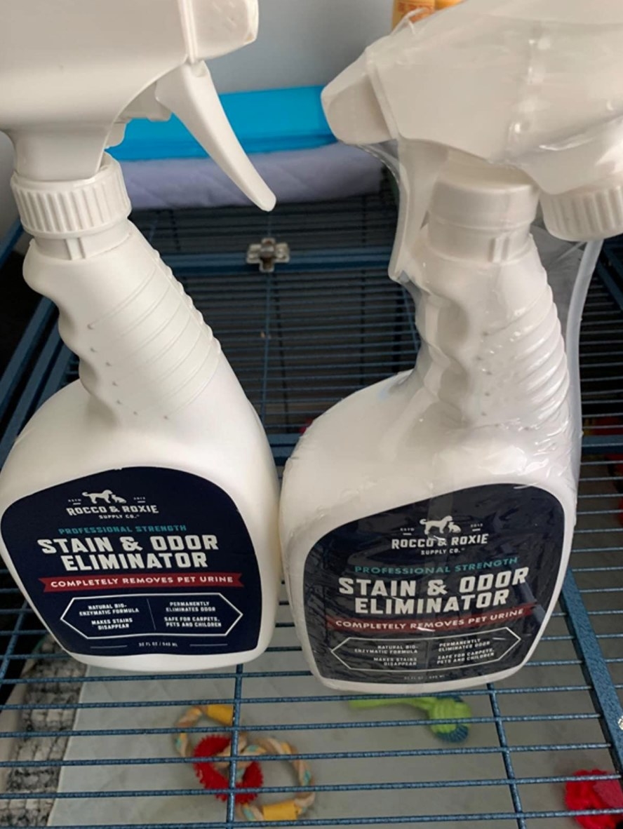 The stain and odor eliminator in a white spray bottle