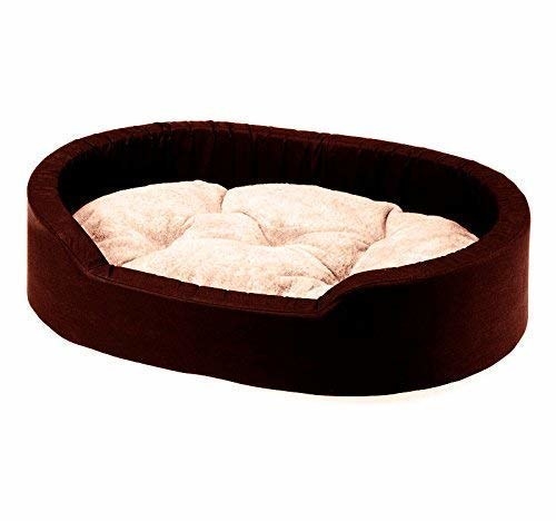 Maroon coloured oval shaped bed with a beige cushion.