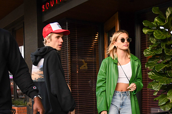 Justin Bieber and Hailey Rhode Bieber are seen on February 18, 2020 in Los Angeles, California