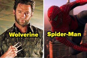 Hugh Jackman as James "Logan" Howlett/Wolverine in the movie "X-Men: Days of Future Past" and Tobey Maguire as Peter Parker / Spider-Man in the movie "Spider-Man."