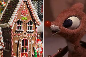 A gingerbread house and Rudolph