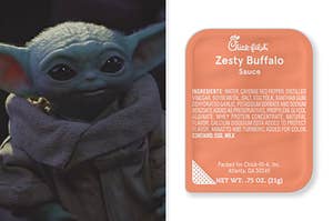 Split Image: Baby yoda on the left and zesty buffalo sauce on the right