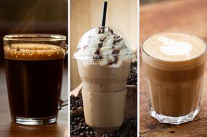 On the left, a black coffee, in the middle, a Frappuccino, and on the right, a latte