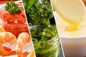 Cocktail sauce, pesto, and Hollandaise sauce