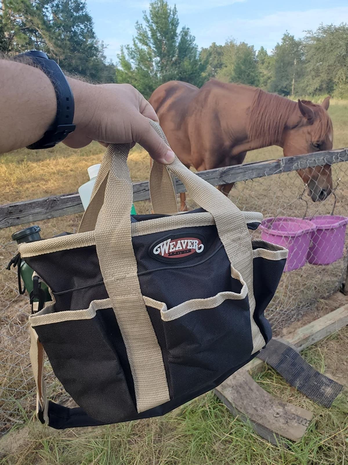 Reviewer image of heavy duty tote filled with horse grooming materials