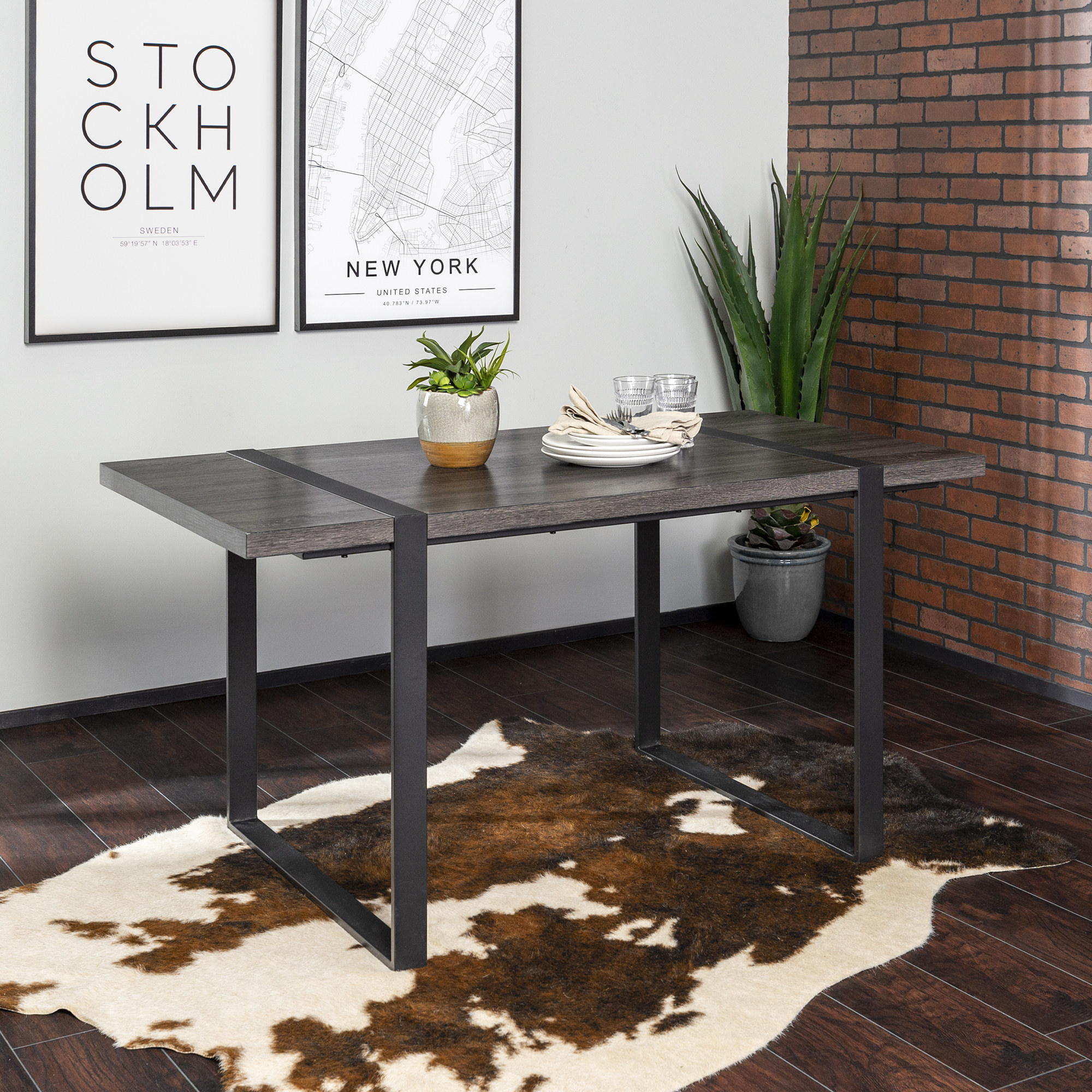 The grey table with metal legs