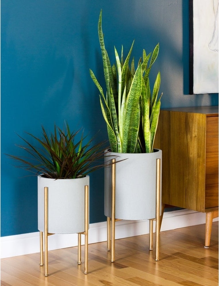Two large gray planters with gold legs