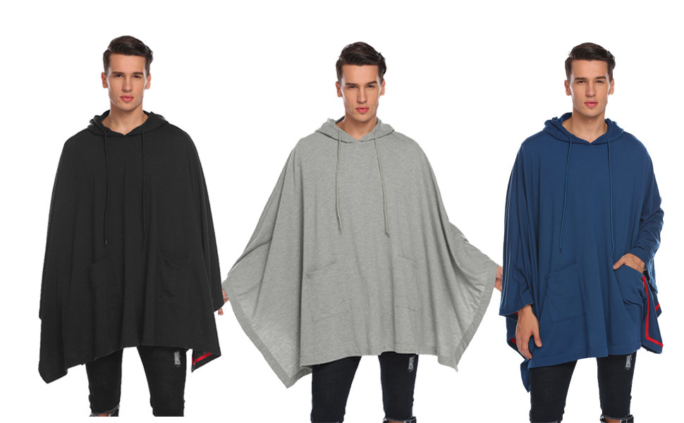 a model wears the coofandy casual hoodie poncho in three different colors