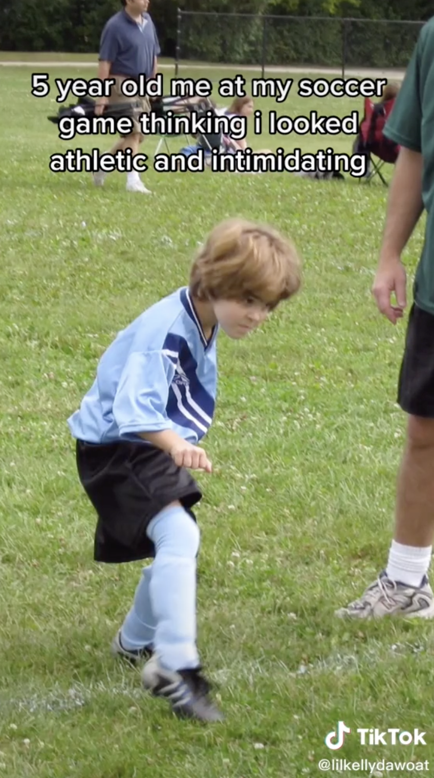 @lilkellydawoat with the caption, &quot;5 year old me at my soccer game thinking i looked athletic and intimidating&quot;