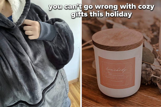 left image: sherpa hoodie, right image: homebody candle