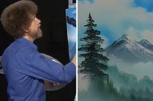 Bob Ross painting next to one of his mountain paintings