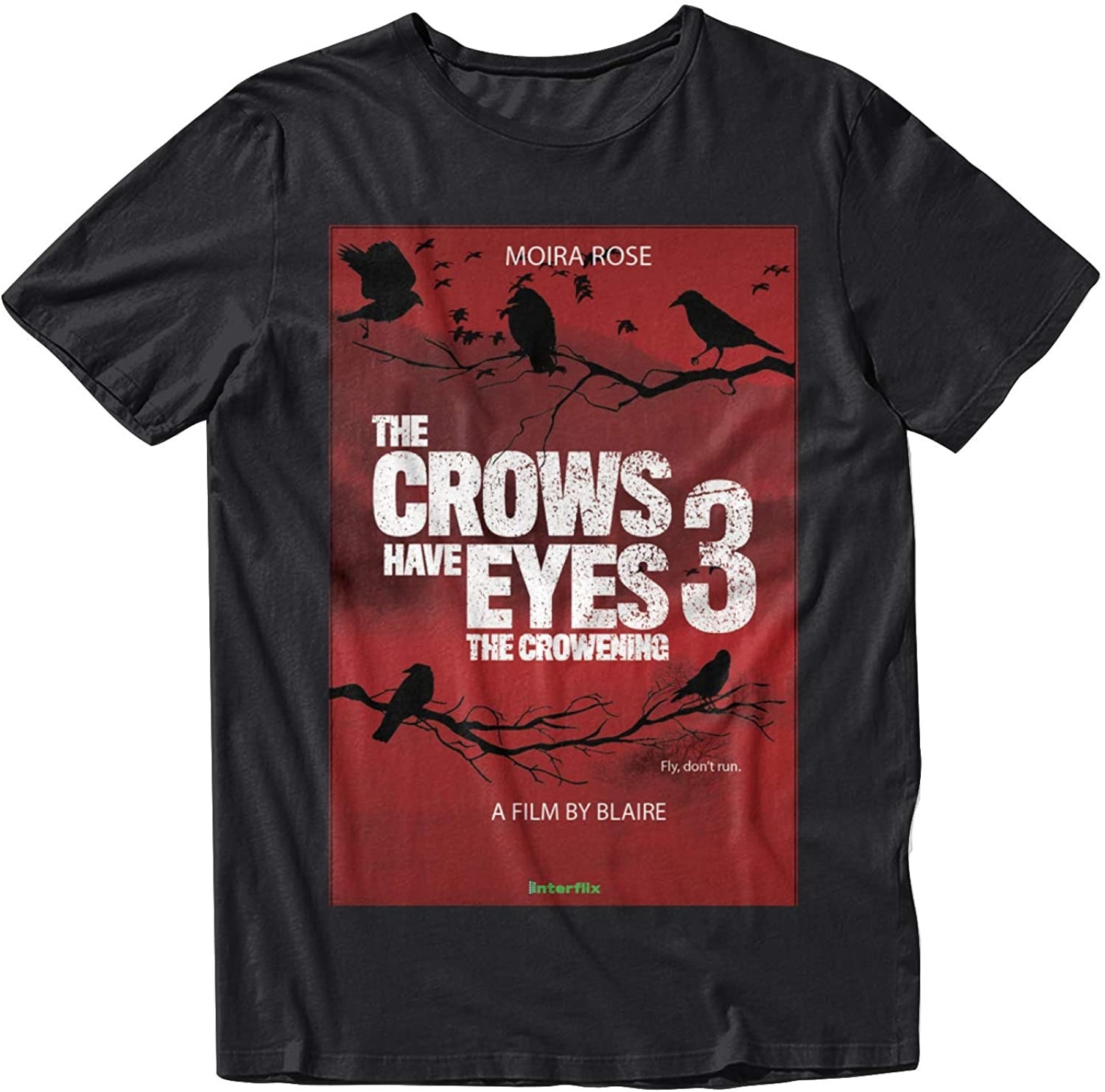 The black and red short sleeve tee with a poster for the movie featuring crows, an Interflix logo, and Moira Rose&#x27;s name