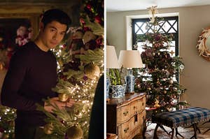 On the left, Henry Golding standing around various Christmas trees as Tom in "last Christmas," and on the right, a cozy living room with a Christmas tree near the back door