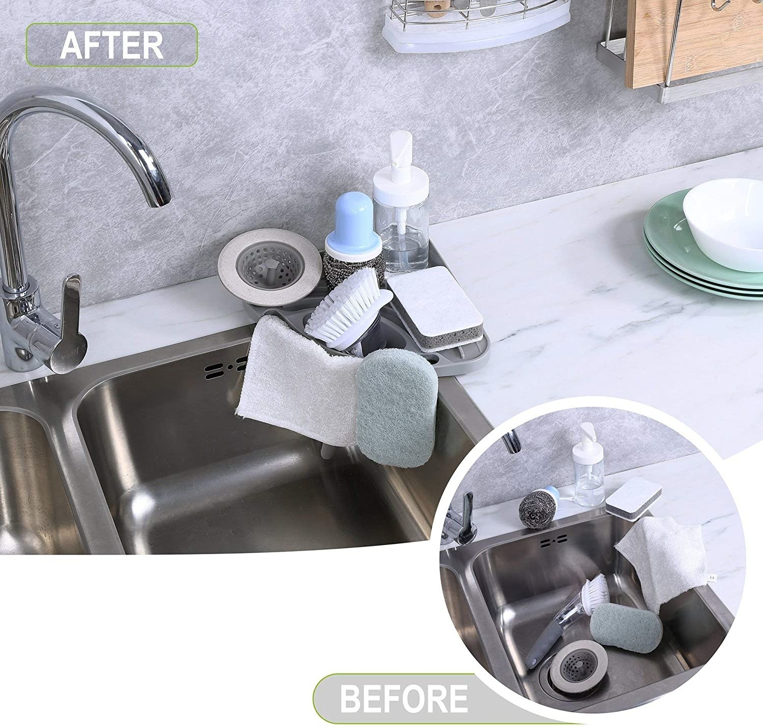 kitchen sink with triangle shaped sponge and soap holder on the corner of a sink 