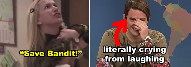 Side-by-side of Angela with her cat during the fire drill scene of