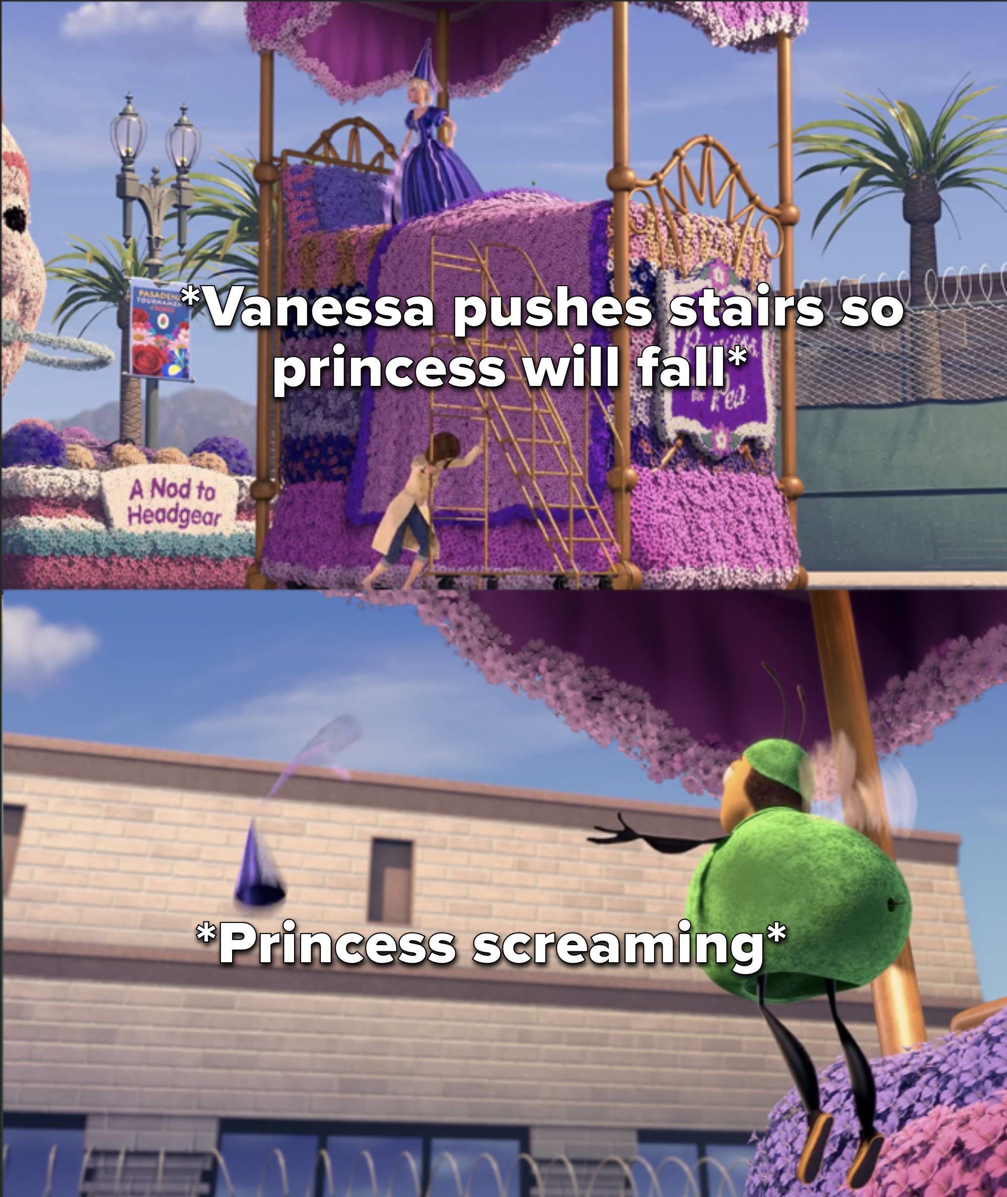 Vanessa pushes a ladder away from a float and the girl dressed as a princess falls and screams