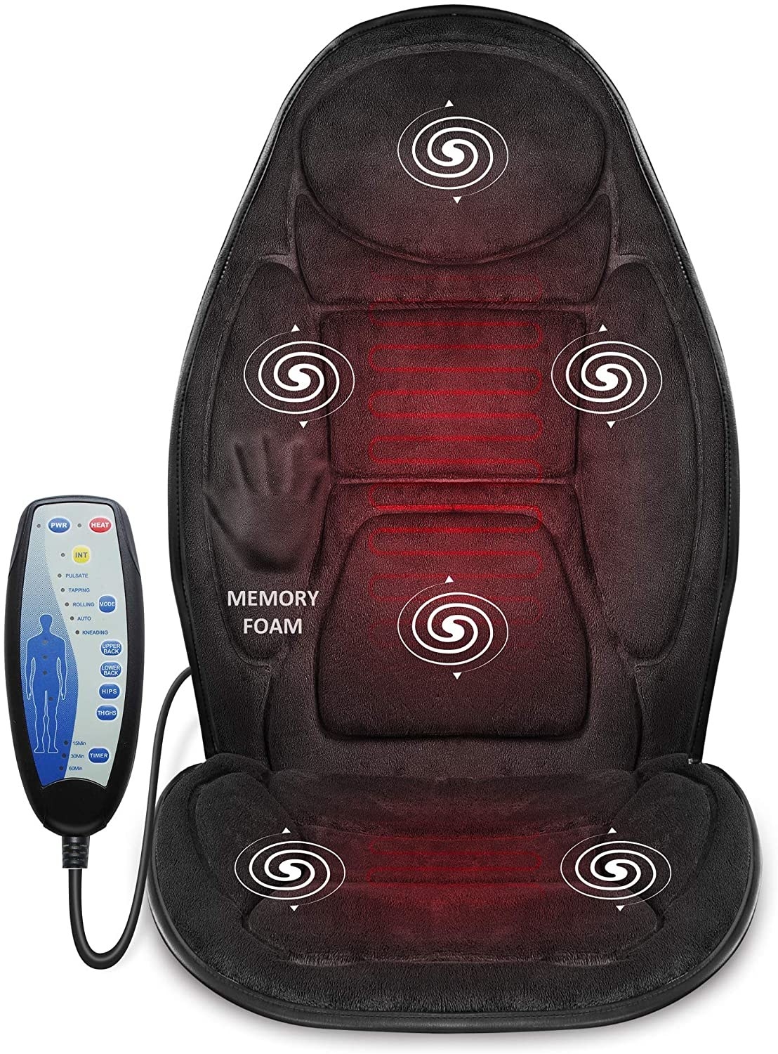 The black heated memory foam cushion with controller