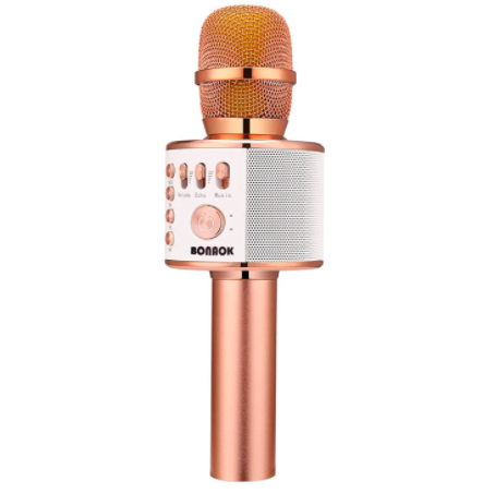 A sleek, metallic microphone with a thick base with controls and buttons