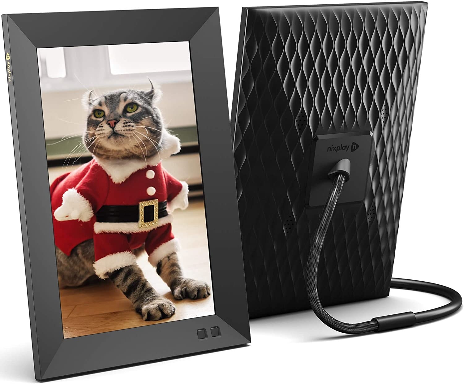 Digital picture frame with cat in a Santa outfit photo