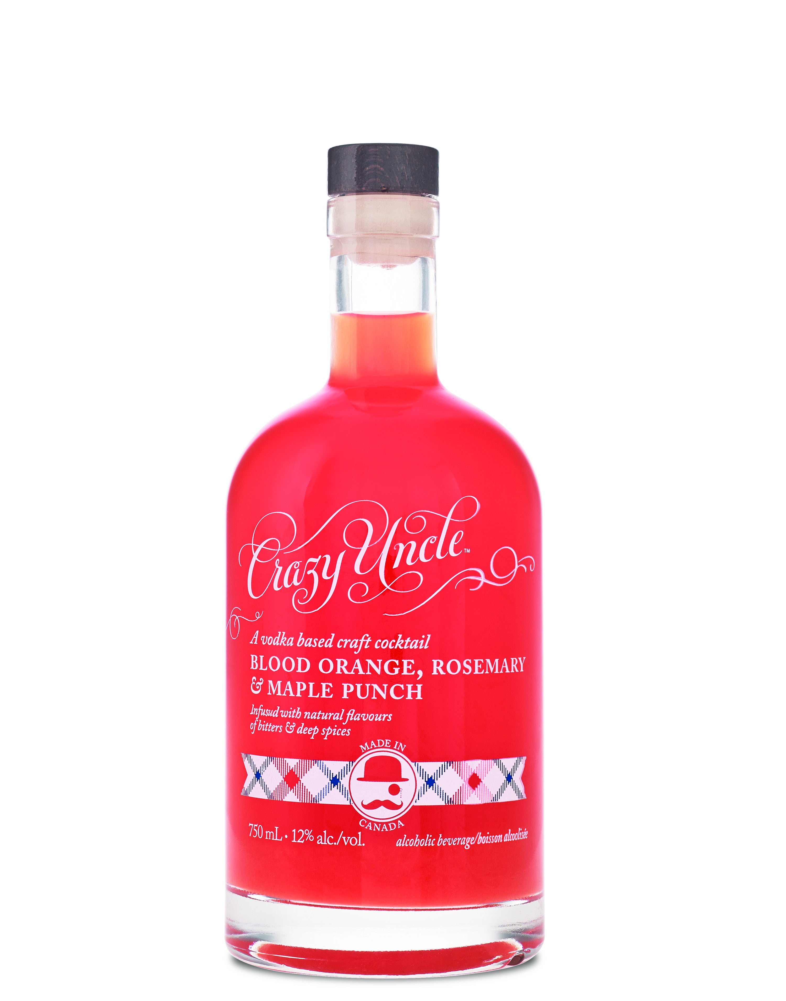 A bottle of premixed punch on a plain background