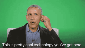 GIF of the green screen behind former President Obama changing to a living room background with the caption, &quot;This is pretty cool technology you&#x27;ve got here&quot;