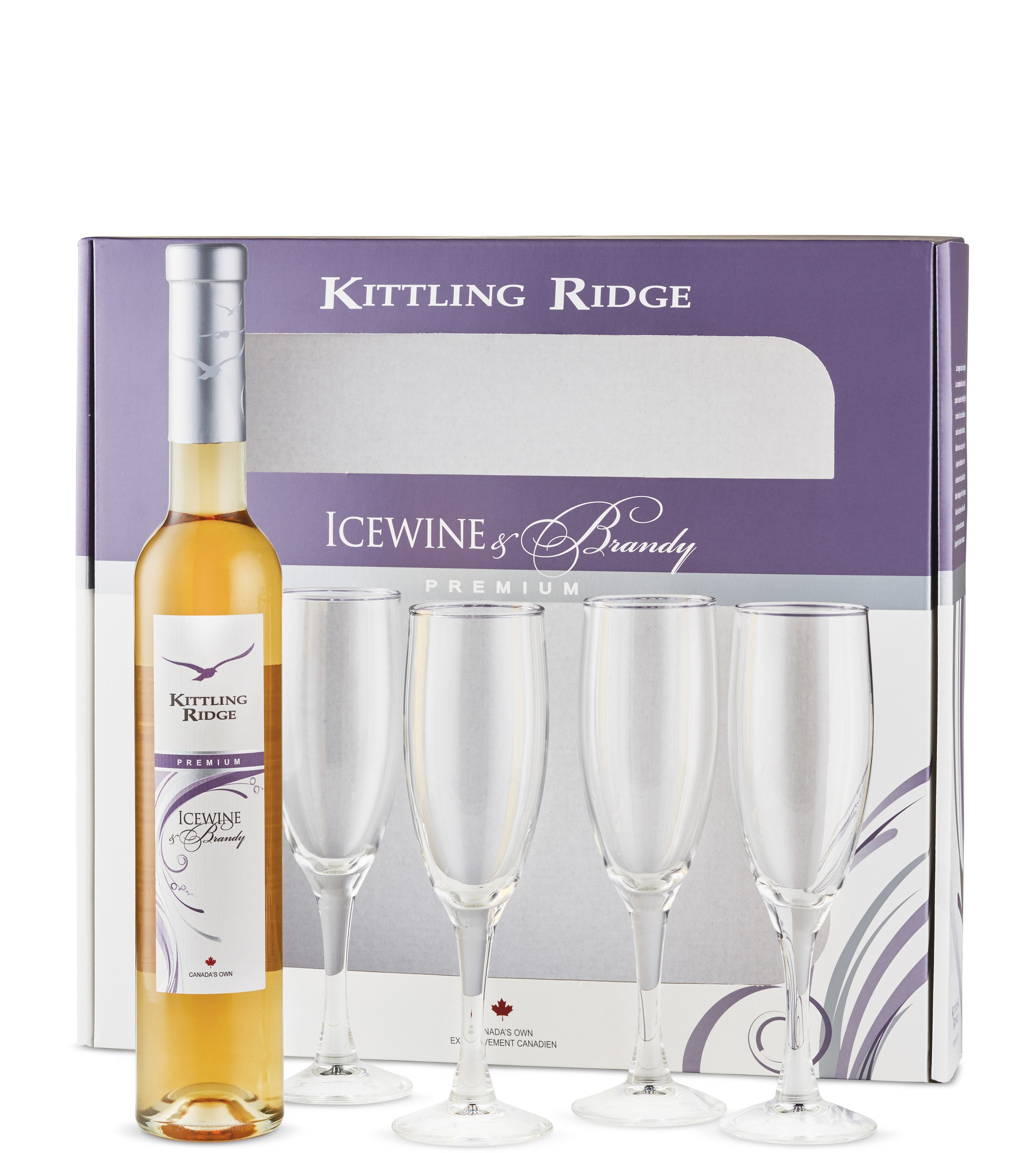 A bottle of icewine next to four tall flute glasses