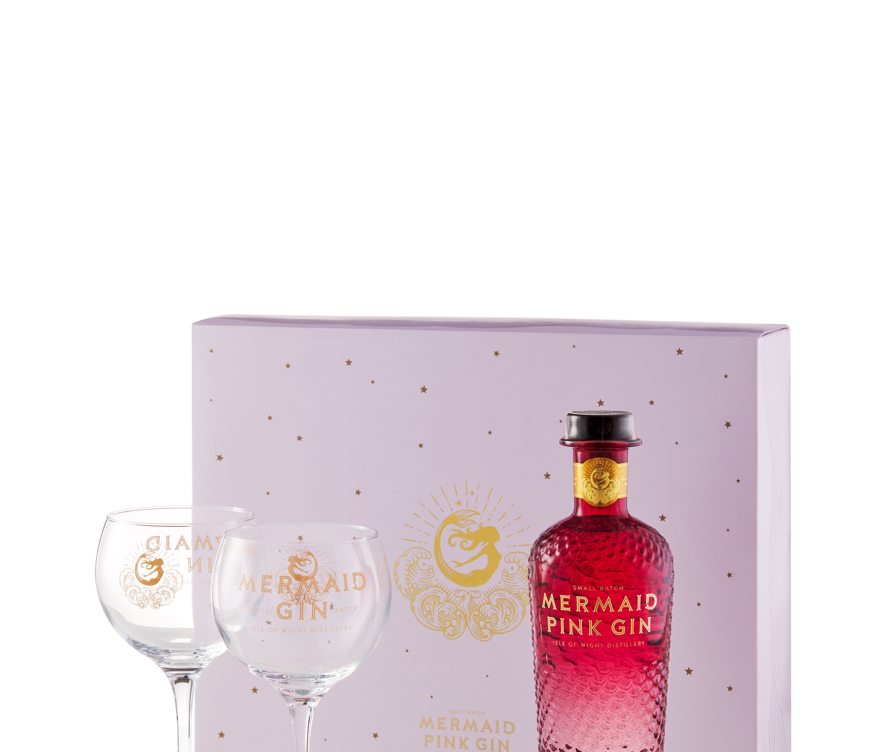 The pink gin next to two large stemmed glasses